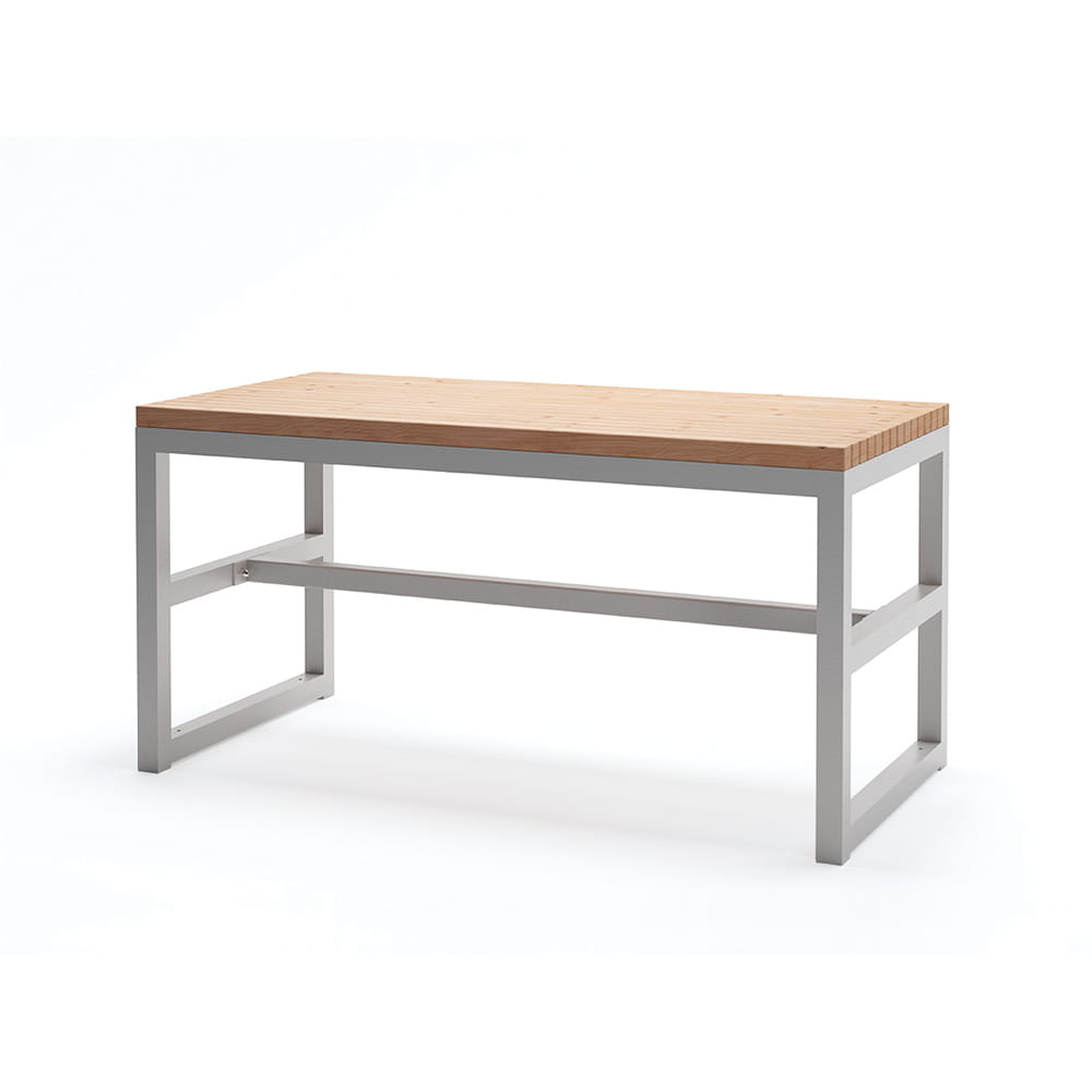 Outdoor table with wood top and metal frame, rectangular, seats 4-6, white background