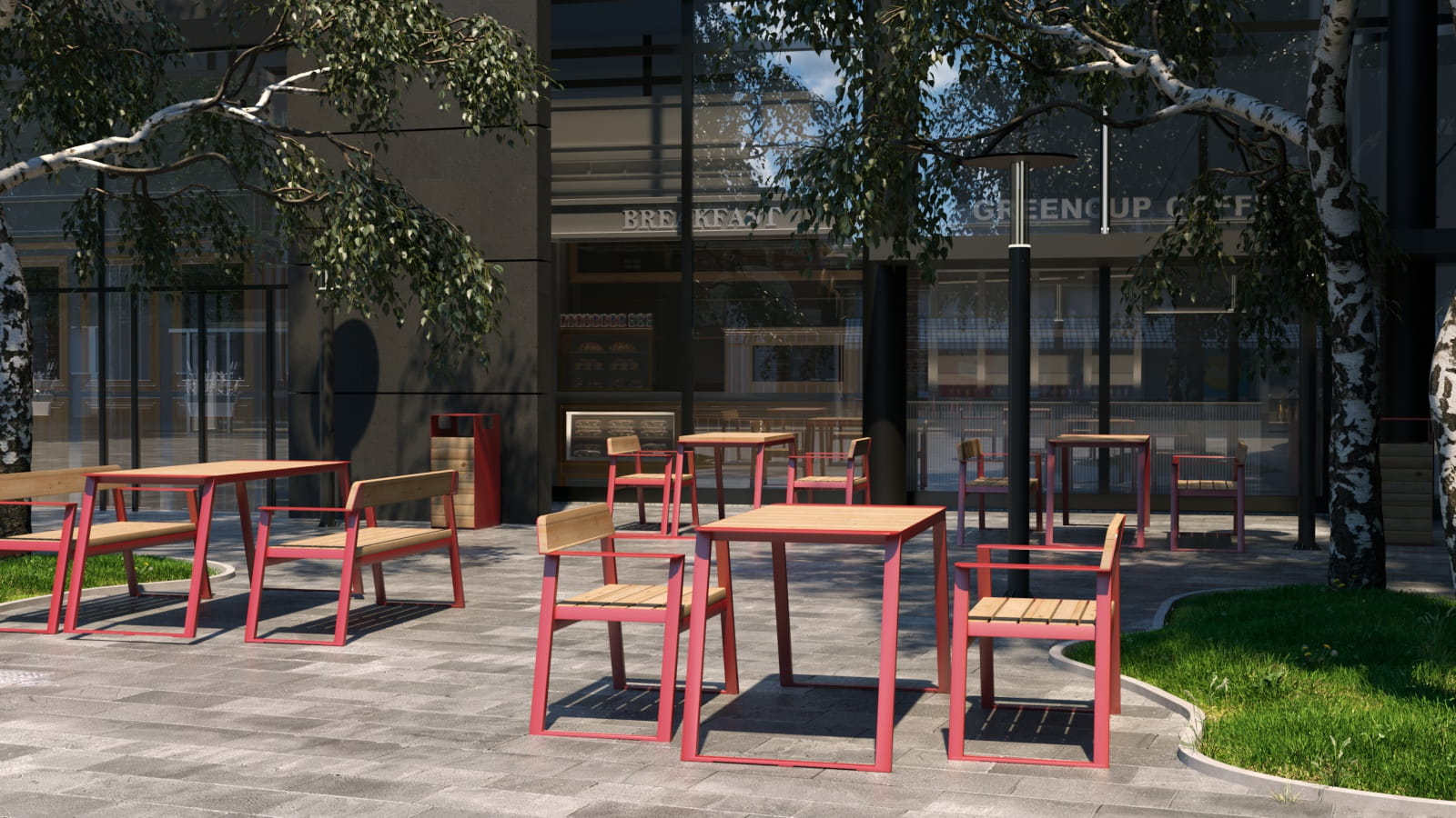 Outdoor patio with modern wooden tables and red metal chairs seating 4-6 people.