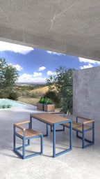 Modern outdoor table with matching bench and chair, blue metal frame, wooden slats, patio setting