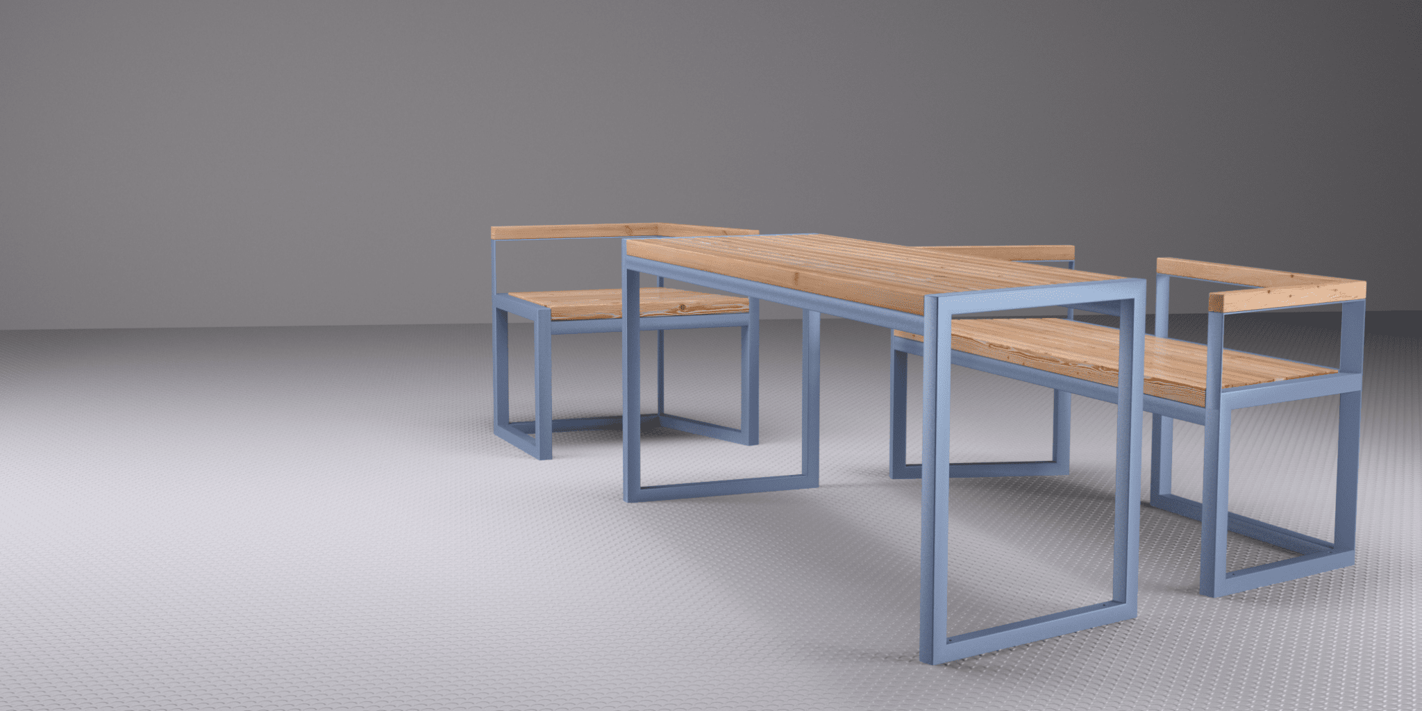 Modern outdoor table set with light wood slats and blue metal frame, seats 4–6