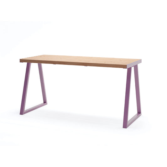 Modern outdoor table with wooden slatted top and purple metal legs, seats 4-6 people