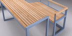 Outdoor table with natural wood slats and blue metal frame, modern design on textured floor