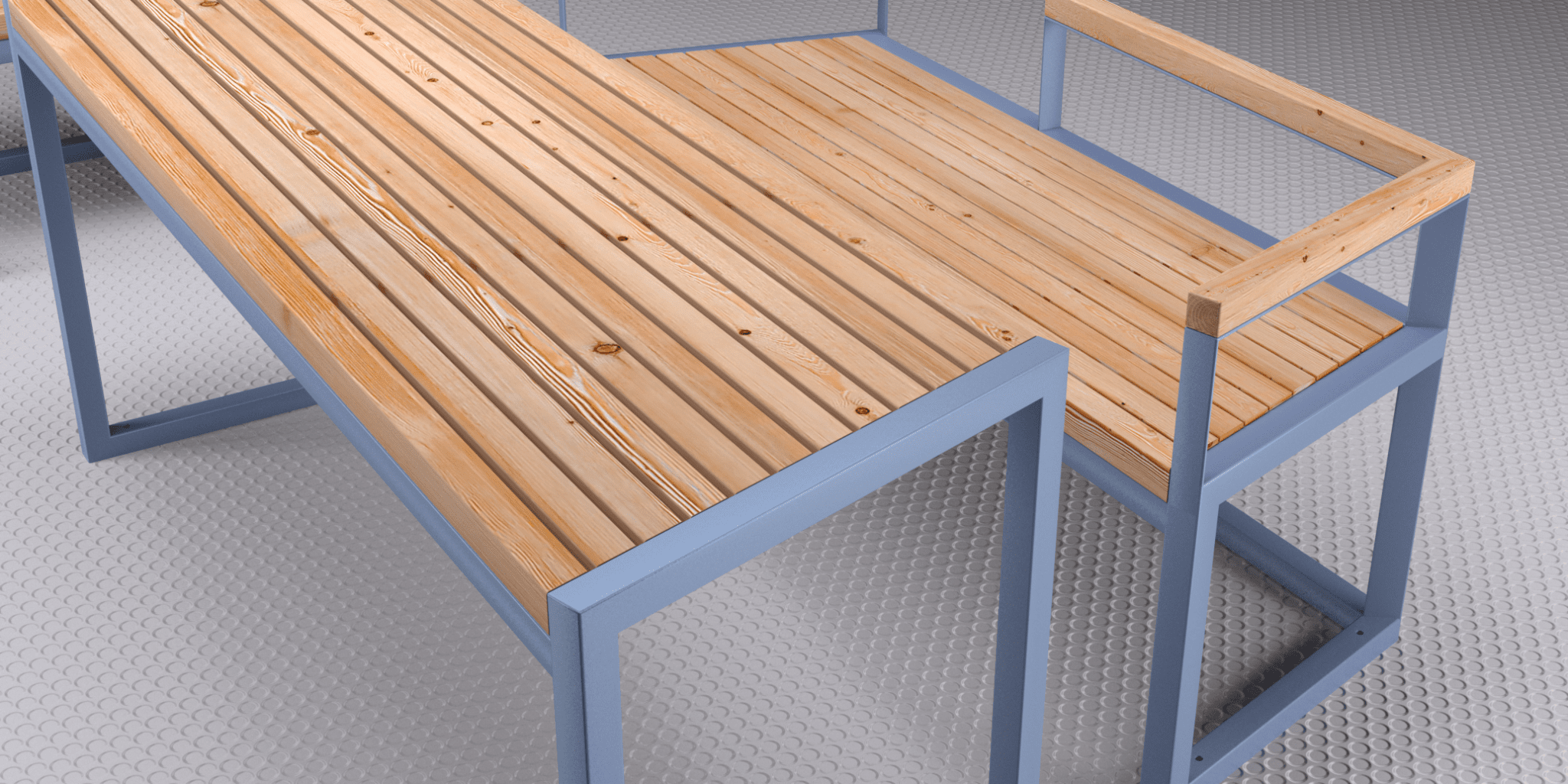 Outdoor table with natural wood slats and blue metal frame, modern design on textured floor