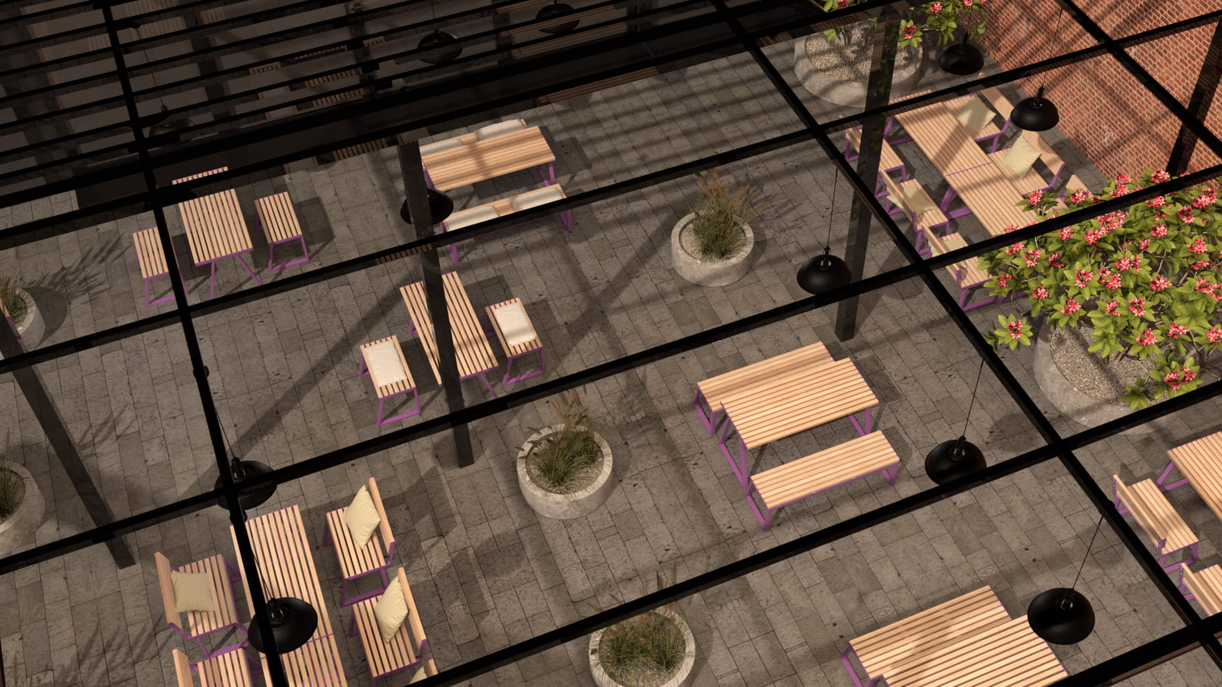 Outdoor patio with modern wooden tables and benches, seating for 4-6, under pergola