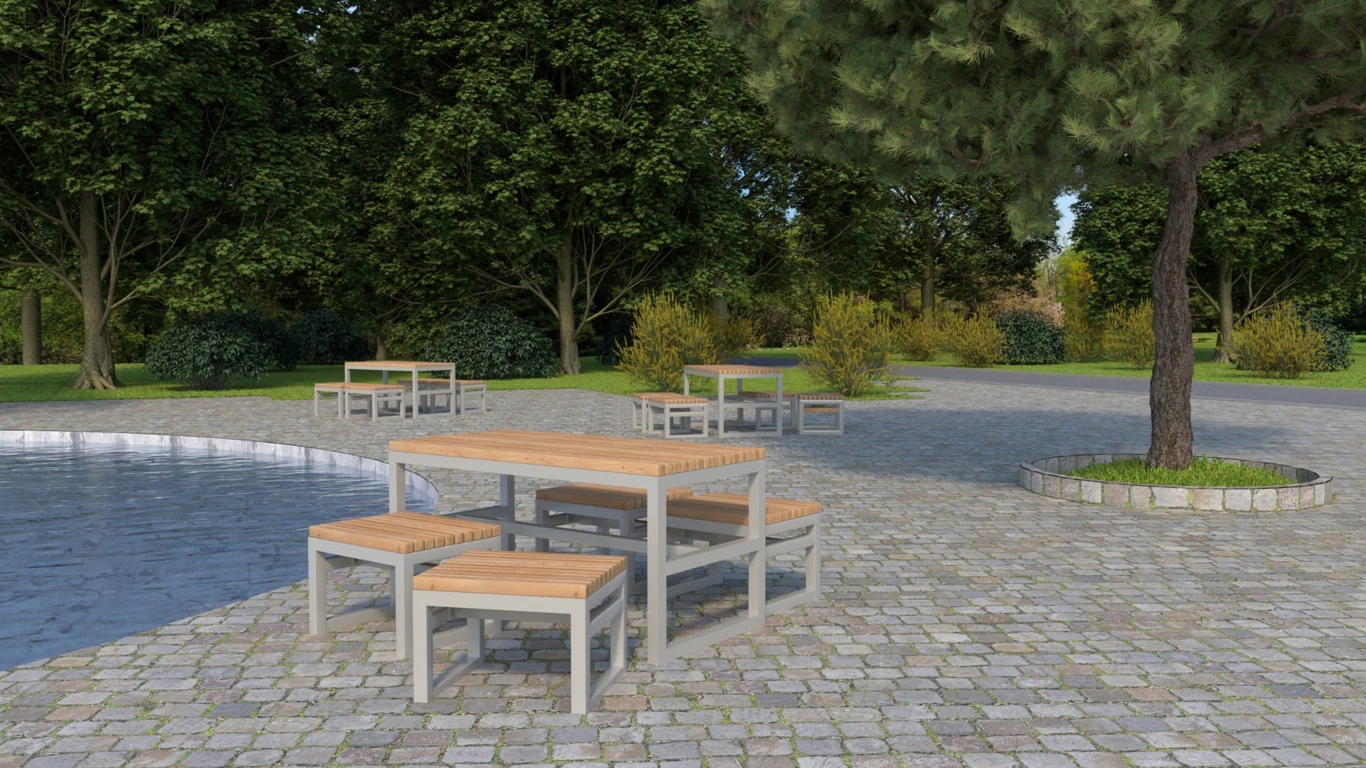 Modern outdoor table with benches, seating 4-6, on a stone patio surrounded by trees