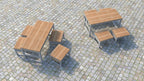 Outdoor 150 cm rectangular wooden table with four matching benches and six seats on cobblestone