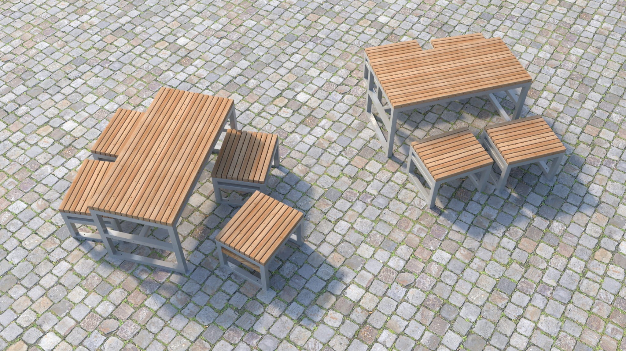 Outdoor 150 cm rectangular wooden table with four matching benches and six seats on cobblestone