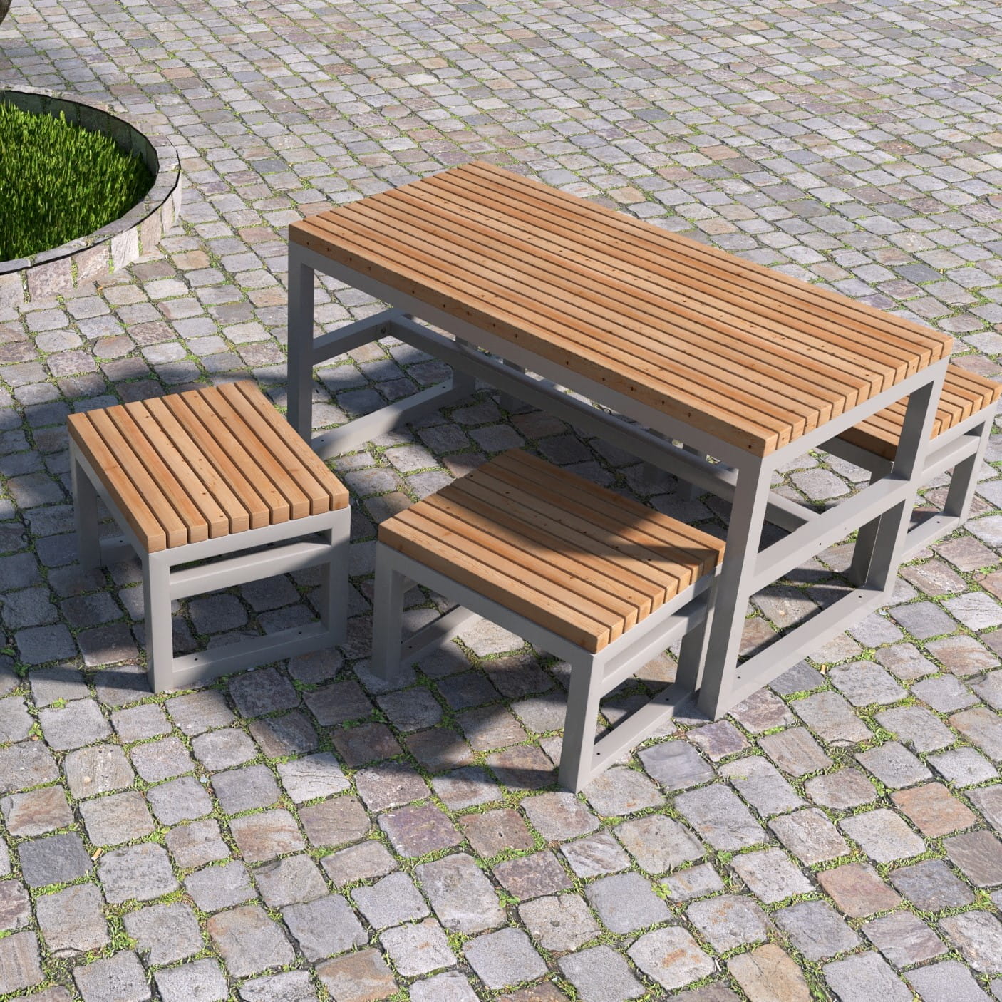 Outdoor table set with wooden slats and metal frame, seating for 4-6 on stone patio