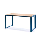 Modern outdoor table with light wooden top and blue metal frame, seats 4-6 people