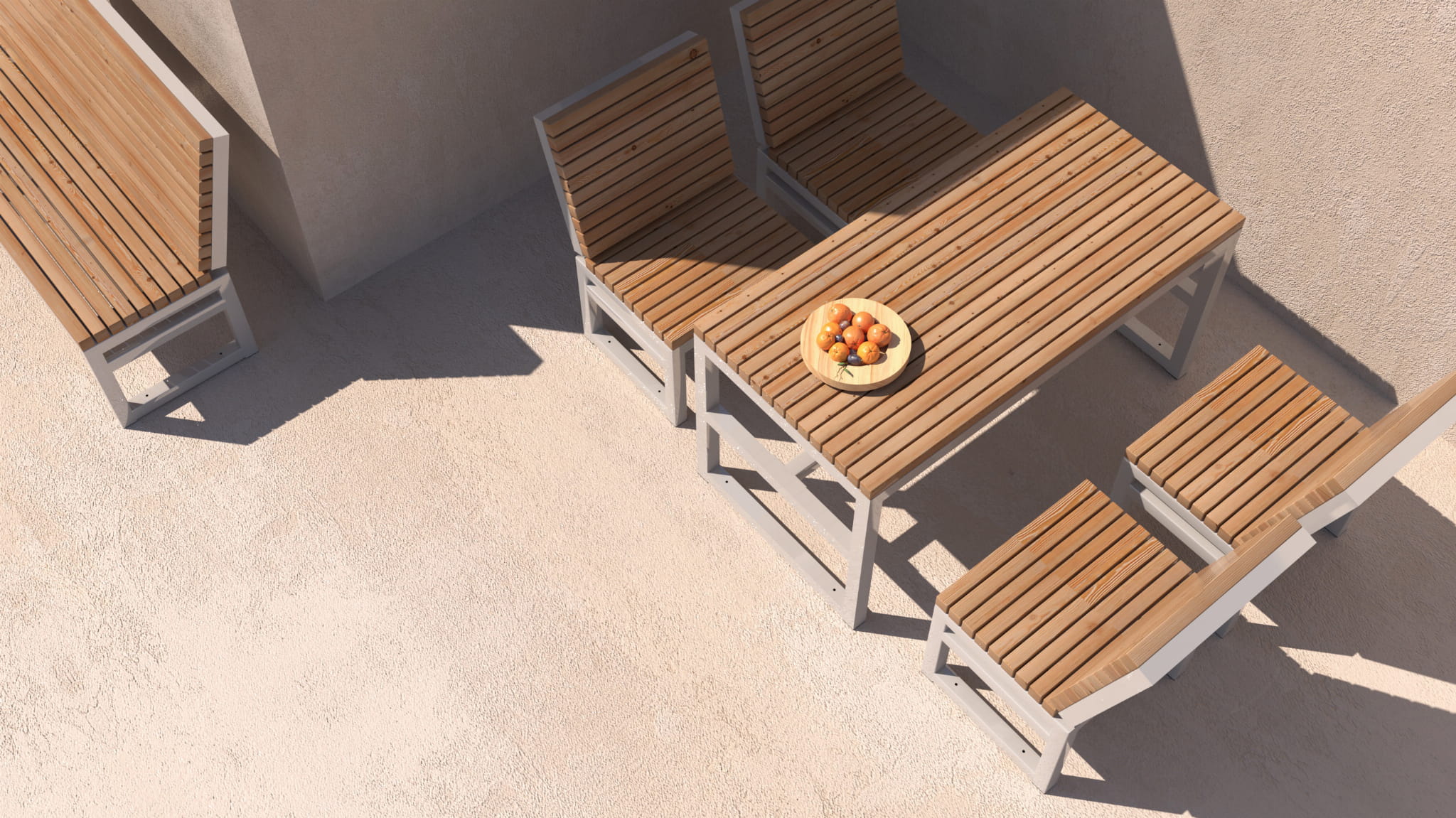 Modern outdoor wooden table set with four matching chairs and a bowl of fruit on patio