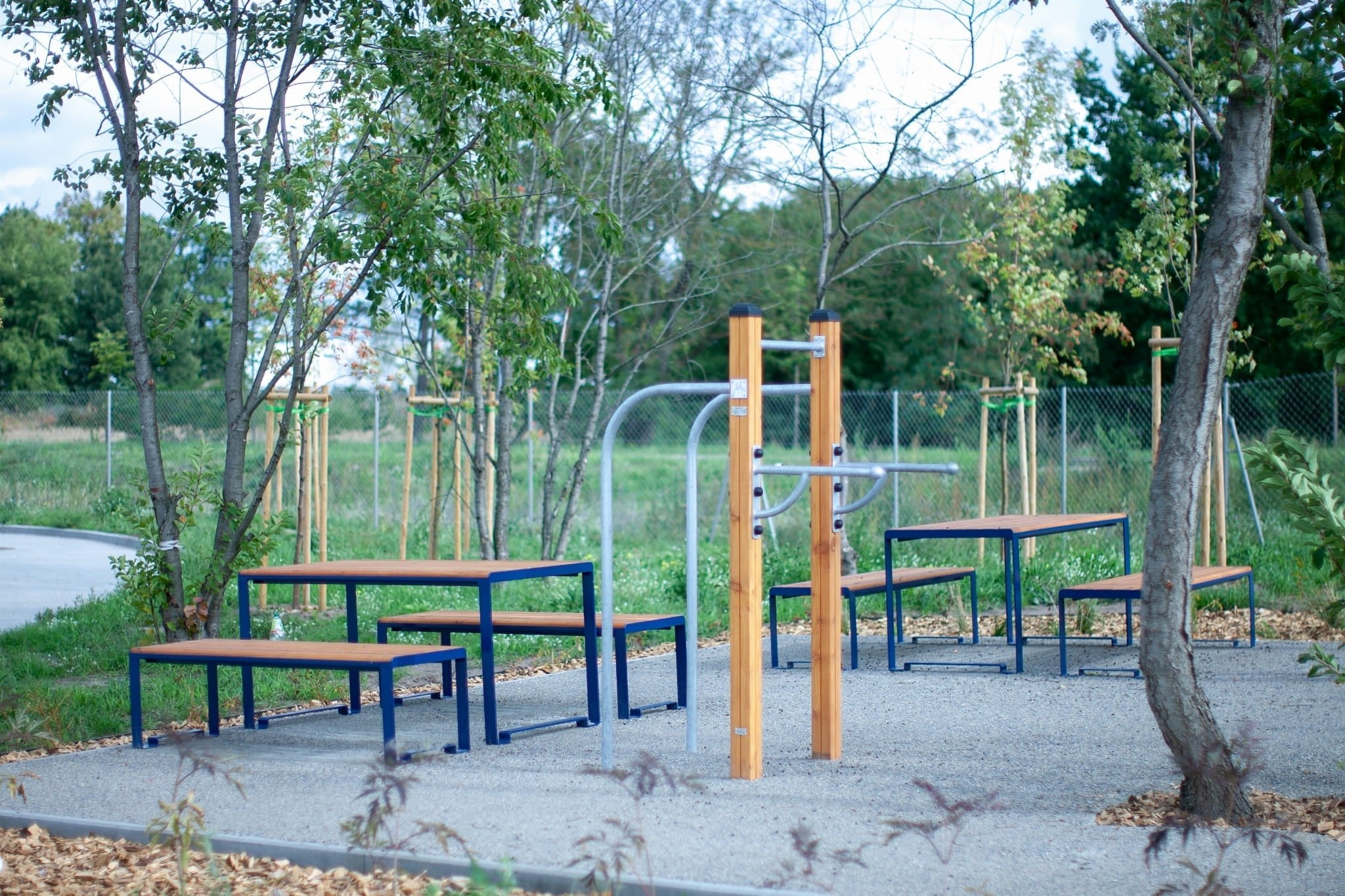 Outdoor table with matching benches for 4-6 people, set in a park surrounded by trees.