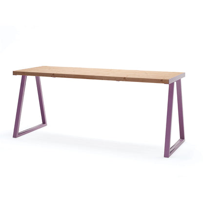 Modern outdoor table with wooden slatted top and angled purple metal legs, 180 cm, seats 6-8
