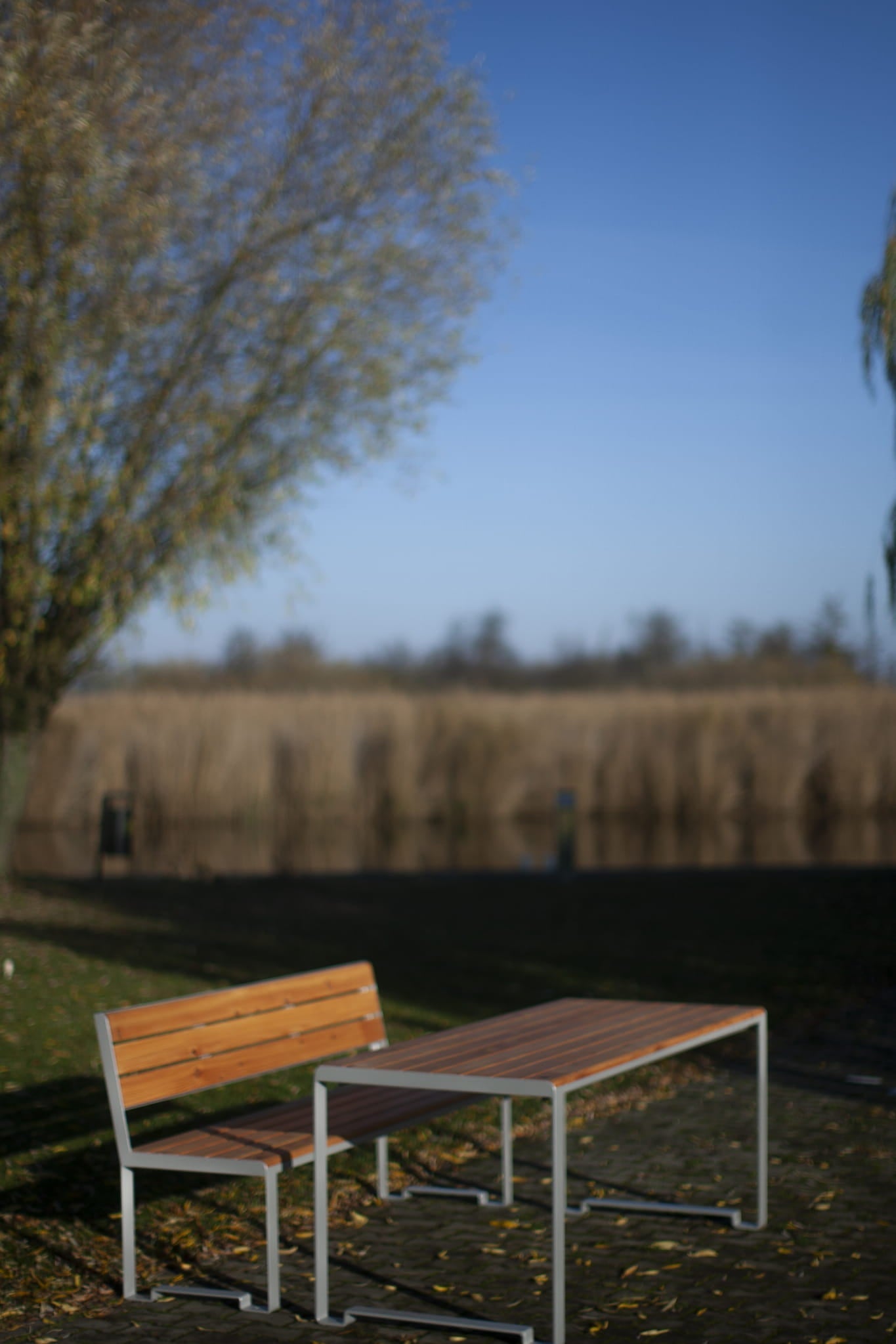 Modern outdoor table and bench set with wood and metal, placed in a natural park setting
