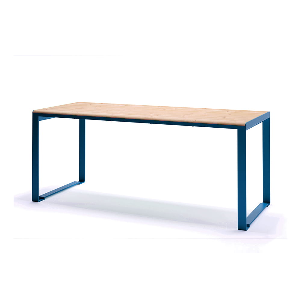 Modern outdoor dining table with wooden top and blue metal legs, seats 6 to 8 people