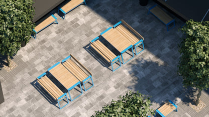 Modern outdoor tables with matching benches, wood tops and blue frames on a stone patio