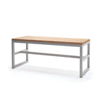 Modern outdoor table with wooden top and metal frame, seats 6 to 8 people