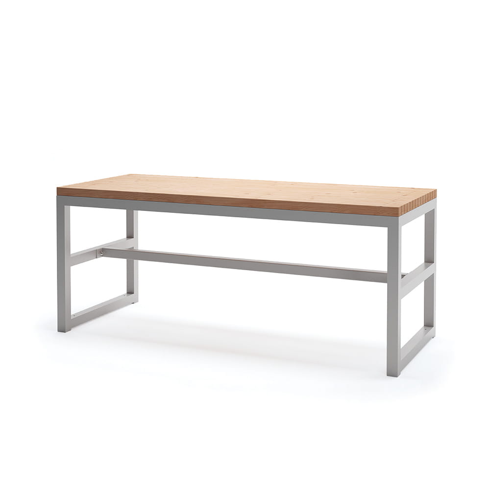 Modern outdoor table with wooden top and metal frame, seats 6 to 8 people