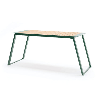 Modern outdoor table with wooden top and angled metal legs, seating for 6-8 people