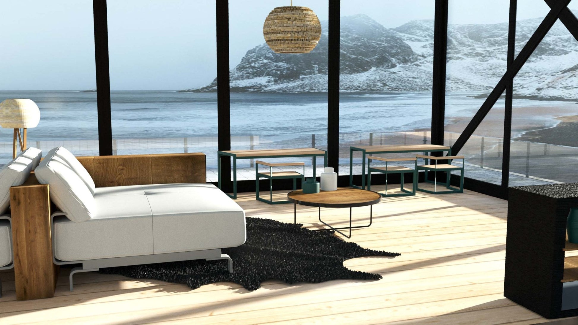 Modern outdoor table with seating for 6-8, set on wood deck overlooking snowy mountains.