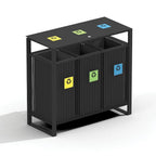 Modern black triple recycling bin with yellow, blue, and green labels for waste separation