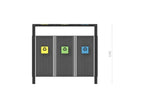 Modern three-compartment outdoor recycling bin with yellow, green, and blue labels