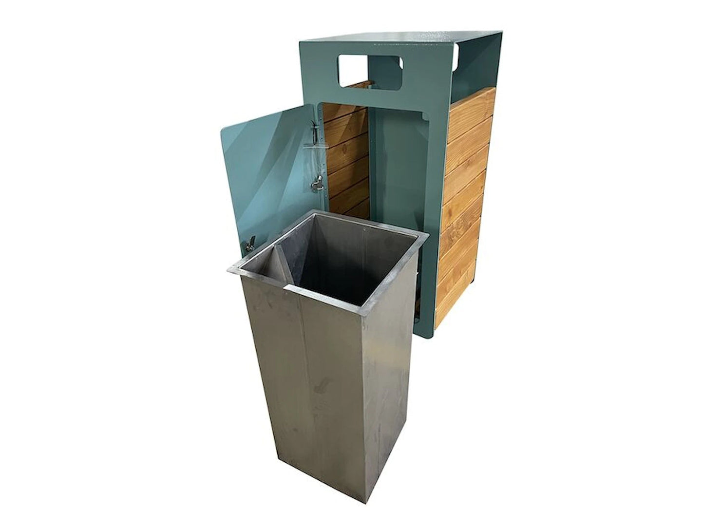 Modern wastebasket with wood panel sides and open metal inner bin