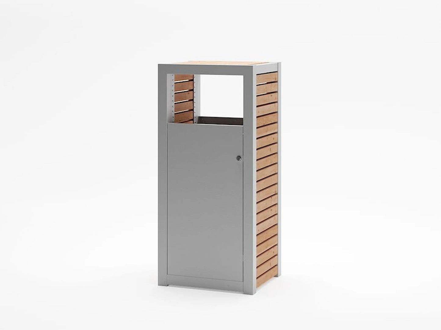 Modern wastebasket with metal frame and wooden slats, minimalist stable furniture design