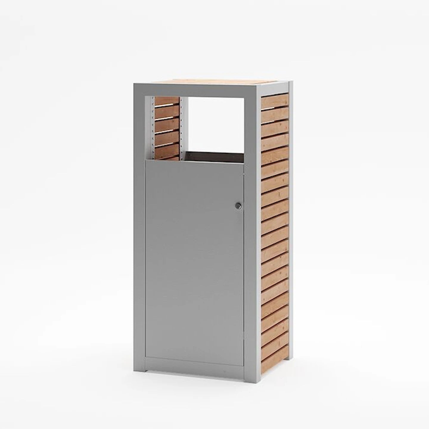 Modern wastebasket with metal frame and wooden slats, minimalist stable furniture design