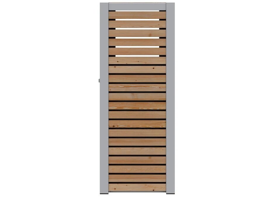 Modern wood and metal wastebasket with vertical slat design, home furnishing accessory