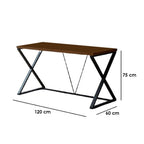 Modern black steel desk with brown wooden top, X-frame legs, and dimensions 120x60x75 cm