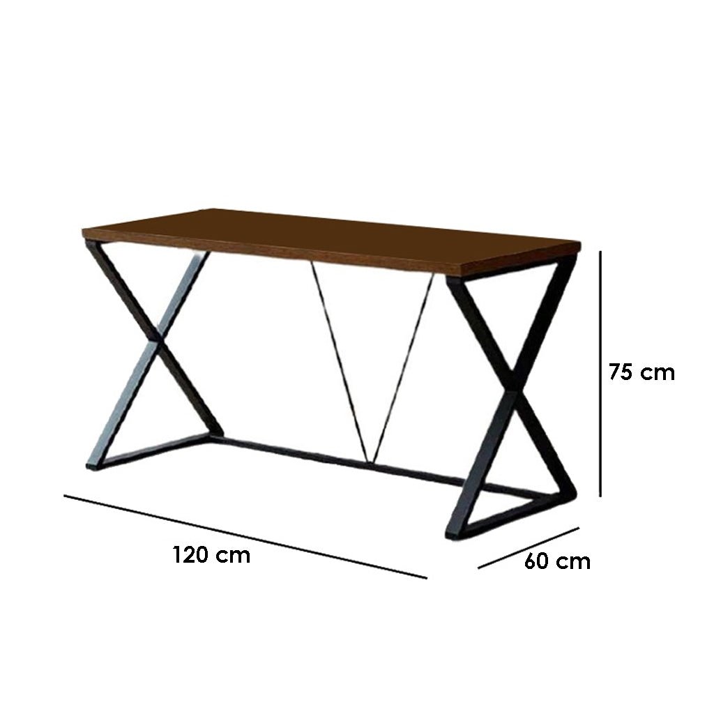 Modern black steel desk with brown wooden top, X-frame legs, and dimensions 120x60x75 cm