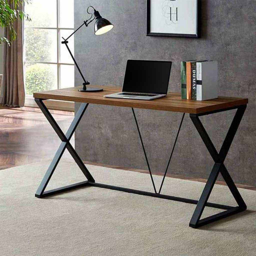 Modern black steel and brown wood desk with laptop, lamp, and books in home office