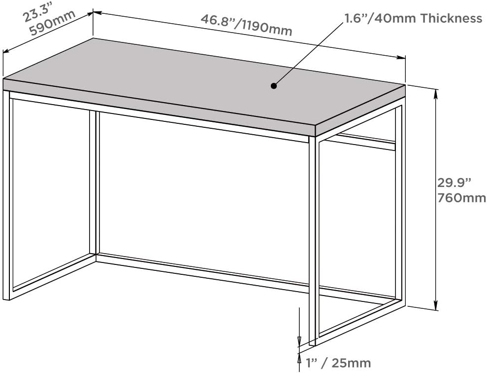 Modern desk with metal frame, wood top, and labeled dimensions for home office furniture.