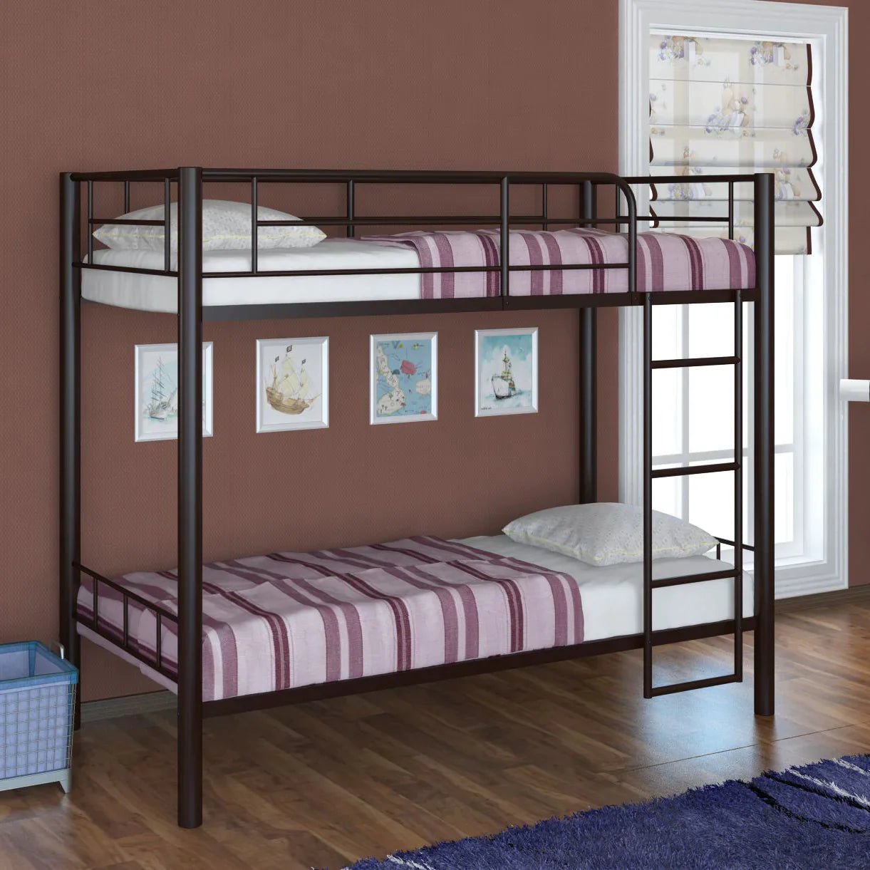 Steel double story bunk bed with striped bedding in modern bedroom interior