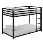 Black steel double story bunk bed with ladder and white mattresses, modern bedroom furniture