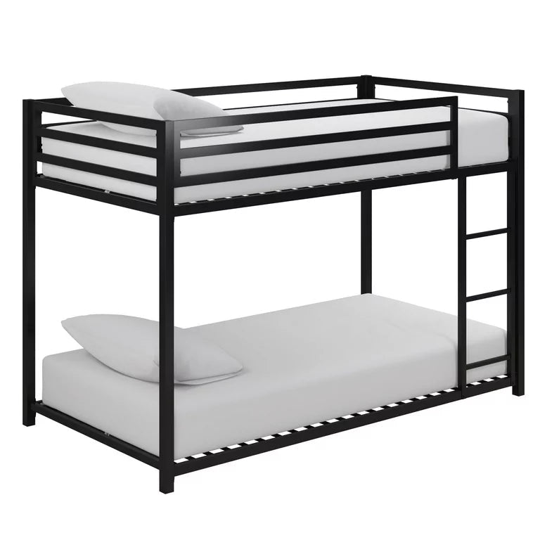 Black steel double story bunk bed with ladder and white mattresses, modern bedroom furniture