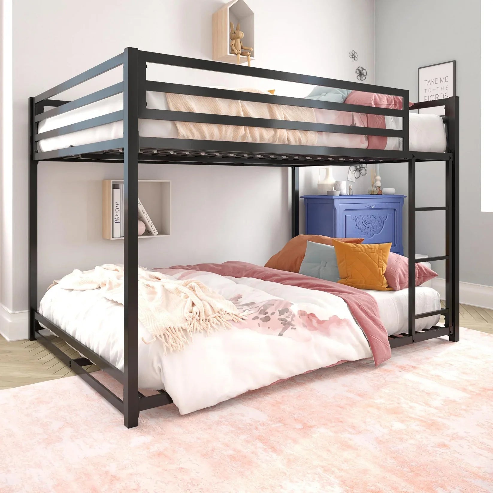 Steel double story bunk bed frame 120x200 cm in modern bedroom setting