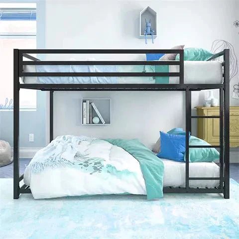 Modern steel double story bed frame 120x200 cm with bedding in a bright bedroom