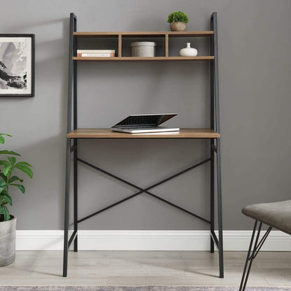 Tall compact industrial ladder desk with shelves and storage against gray wall