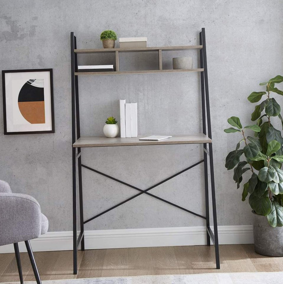Tall compact industrial ladder desk with shelves and storage against a modern wall