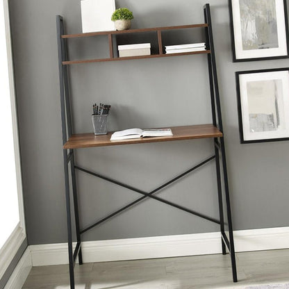 Tall compact industrial ladder desk with shelves and storage in a modern room.