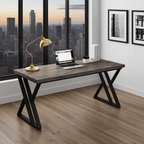 Modern computer desk with metal legs, wood surface, laptop, and lamp in city apartment.