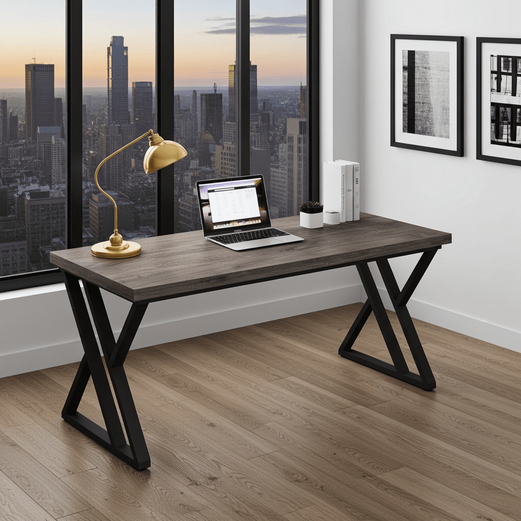 Modern computer desk with metal legs, wood surface, laptop, and lamp in city apartment.