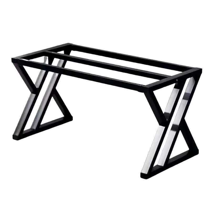 Modern black metal computer desk frame with sturdy X-shaped legs, minimalist design
