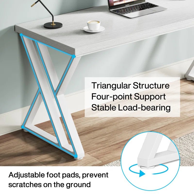 Modern computer desk with triangular metal legs, adjustable foot pads, and stable support.
