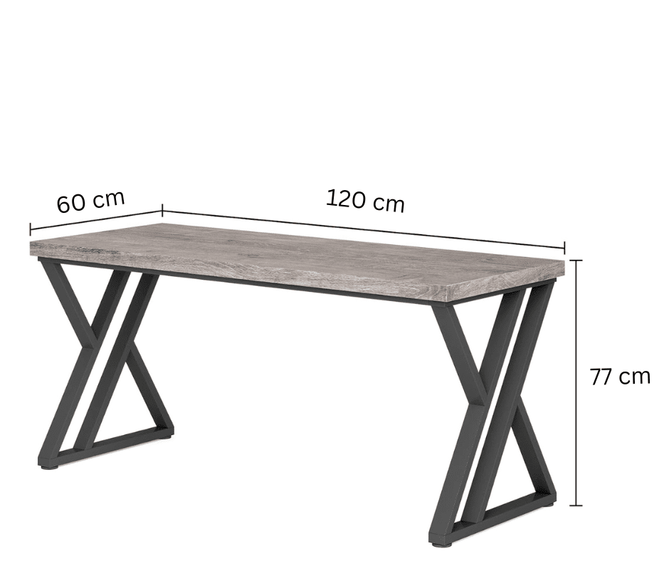 Modern computer desk with metal legs and wood top, 120x60x77 cm dimensions shown