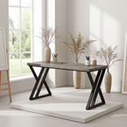 Modern computer desk with black metal legs in bright home office with vases and decor