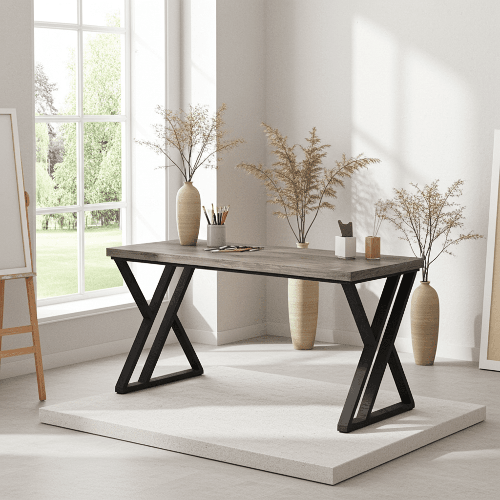 Modern computer desk with black metal legs in bright home office with vases and decor