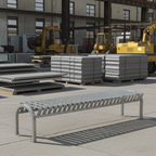 Modern metal bench with slatted design in an outdoor industrial setting