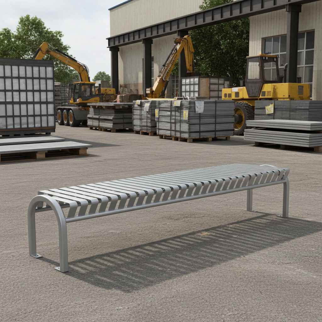 Modern metal bench for outdoor seating in an industrial warehouse yard